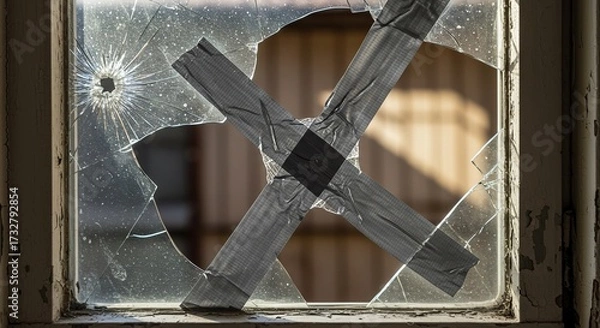 Fototapeta A broken window with glass shattered in a radial pattern and taped with silver and black duct tape in an "X" shape. The window frame is weathered.