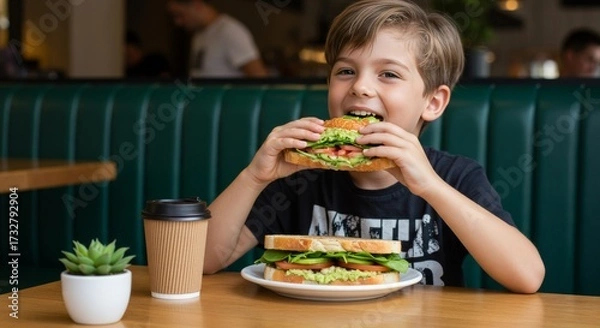 Fototapeta A young boy eats a sandwich at a restaurant table, with another sandwich and a coffee cup nearby. The background features a green booth and blurred figures.