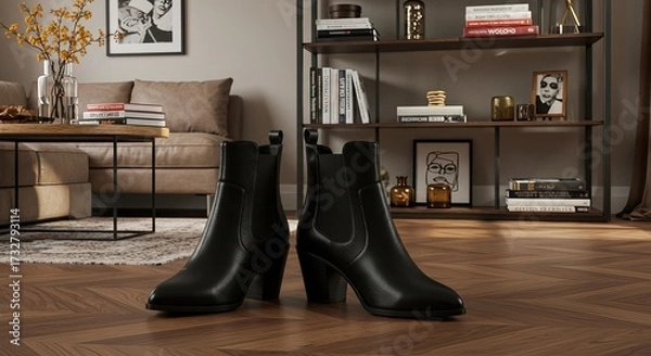 Fototapeta A pair of black leather ankle boots with block heels are displayed on a wooden floor in front of a living room setup with a sofa, coffee table, and bookshelf.