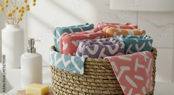 Fototapeta A woven basket overflows with colorful, patterned towels, next to a dispenser and bar of soap on a countertop.