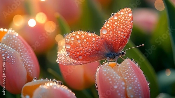 Obraz Butterfly perched on a tulip with dew drops at sunrise