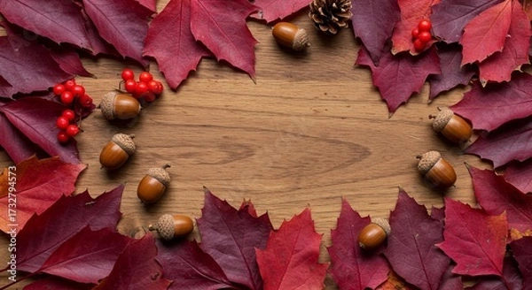 Fototapeta A flat lay composition features a circular arrangement of red autumn leaves, acorns, and red berries on a wooden surface.