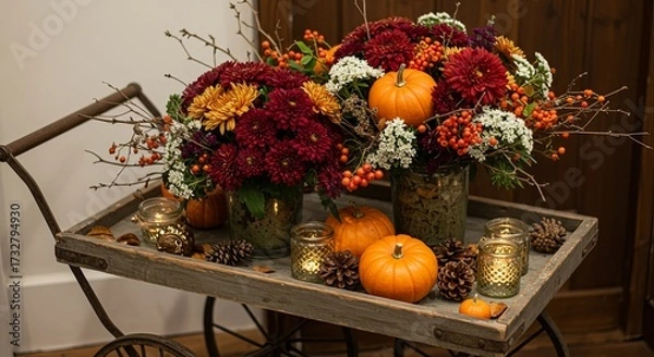 Fototapeta An autumn-themed display on a rustic cart features vibrant floral arrangements with pumpkins, berries, pinecones, and lit candles, set against a warm, wooden backdrop.