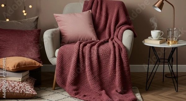 Fototapeta A comfortable chair draped with a textured berry-colored throw, a pink pillow, and stacked pillows and books beside it. A small table with a cup of steaming tea and a lamp completes the scene.