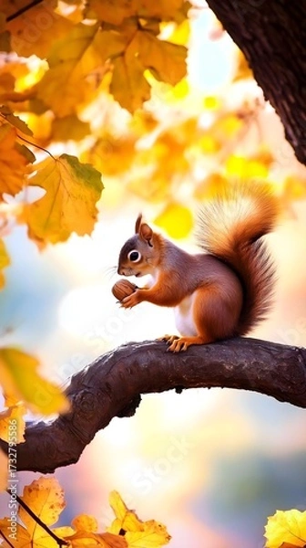 Obraz Squirrel eating nut on tree branch surrounded by autumn leaves