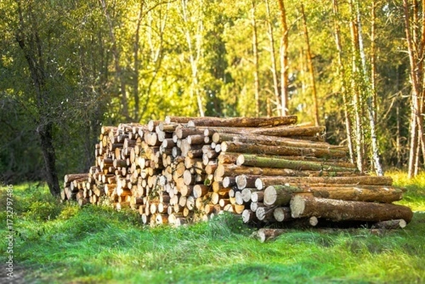 Fototapeta Stacked logs in a serene forest setting, surrounded by lush greenery and sunlight filtering through trees, showcasing natural wood storage and environmental harmony