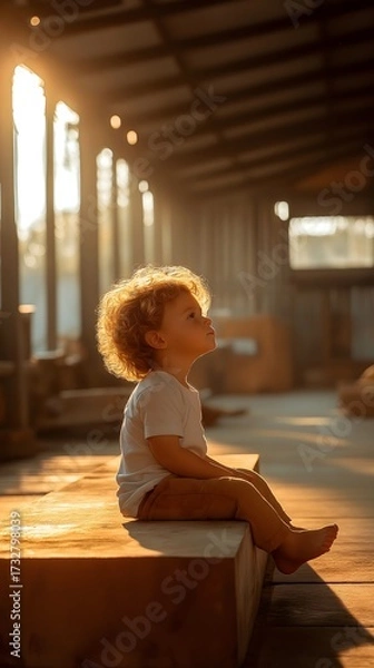 Obraz Curious child sitting in sunlit workshop during golden hour