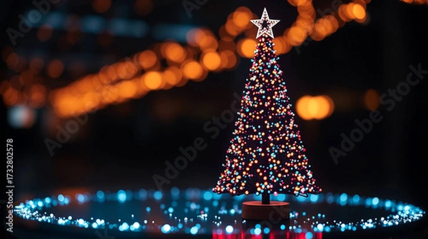 Fototapeta Christmas tree with star on top and colorful lights