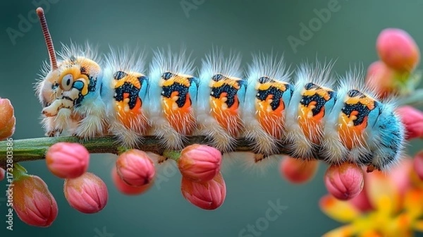 Fototapeta Colorful caterpillar on branch with flower buds