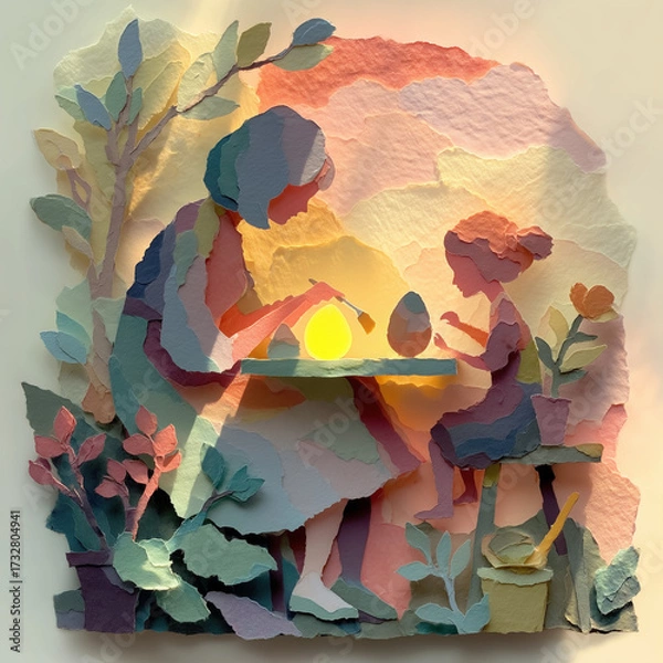 Obraz Mother and child painting Easter egg together in colorful garden  
