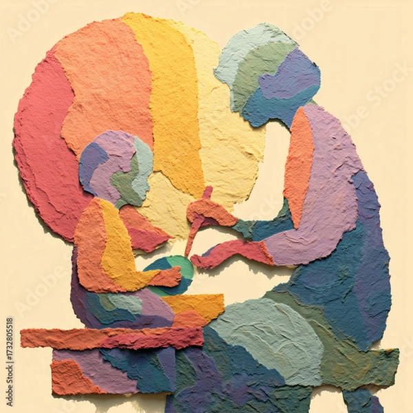 Obraz Mother helping child paint Easter egg in colorful artistic style  