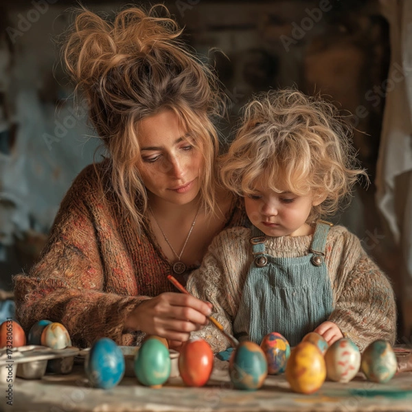 Obraz Mother helping child paint Easter eggs at home in cozy atmosphere  