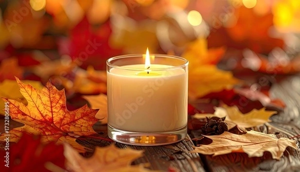 Fototapeta A lit candle in a clear glass rests amongst colorful autumn leaves on a rustic wooden surface. Soft bokeh lights add ambiance