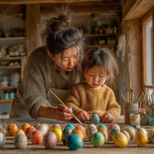 Obraz Mother helping child paint Easter eggs in cozy workshop  