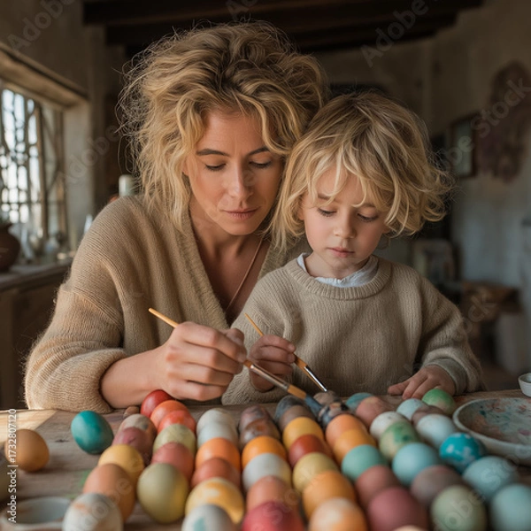 Obraz Mother and child painting Easter eggs together at a rustic table  