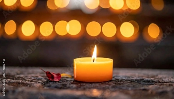 Fototapeta A lit candle sits in focus, with a single flower petal nearby. Blurry lights create a warm glow in the background