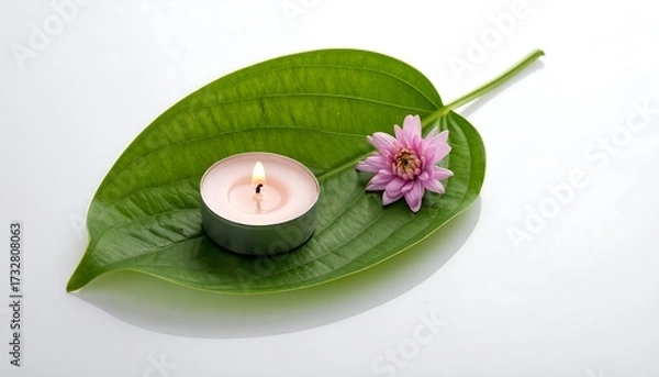 Fototapeta A lit candle sits on a large green leaf, accompanied by a small pink flower against a white backdrop