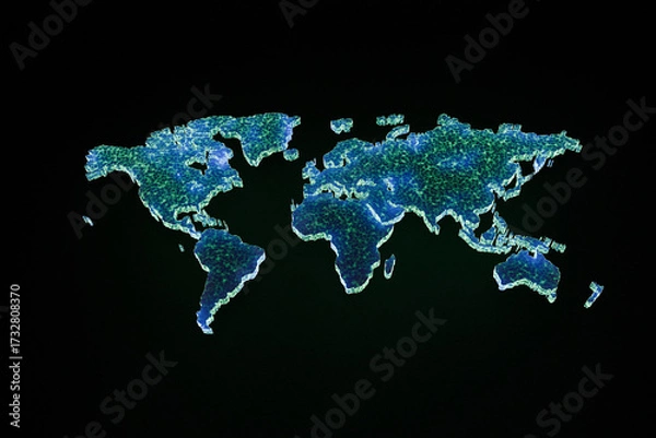 Fototapeta Abstract glowing world map on a black background with neon light, symbolizing global connection, environment. Technologies and web communications, concept