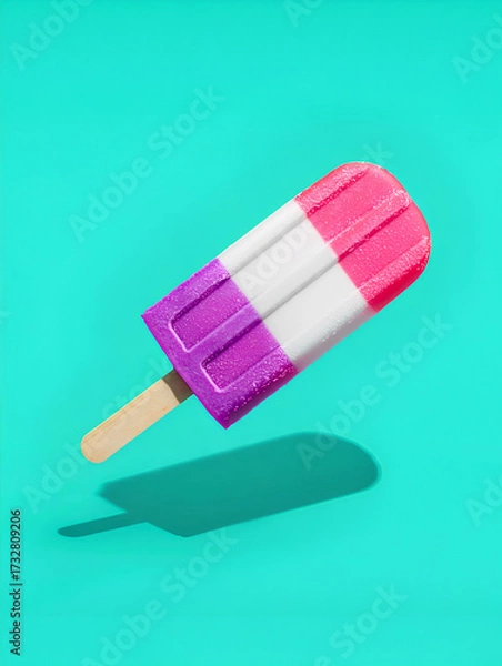 Fototapeta Three-flavored ice cream popsicles with a bright blue background and sunshade. Summer food concept.