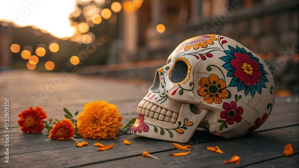 Fototapeta Creative colorful skull image and candles. Makeup for Halloween or Day of the Dead. Banner with space for text. Celebration and ancestors concept.
