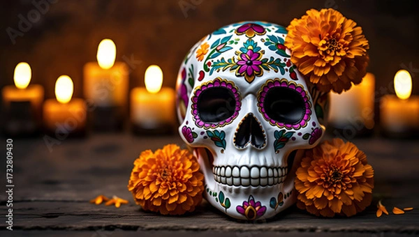 Fototapeta Creative colorful skull image candles and flower. Makeup for Halloween or Day of the Dead. Banner with space for text. Celebration and ancestors concept.