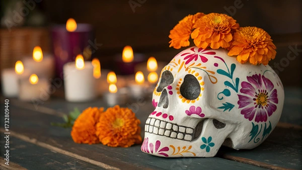 Fototapeta Creative colorful skull image candles and flower. Makeup for Halloween or Day of the Dead. Banner with space for text. Celebration and ancestors concept.