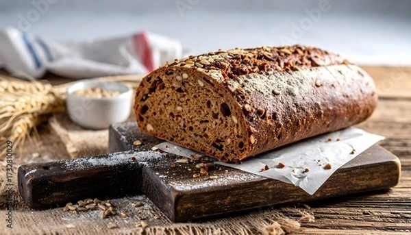 Fototapeta A loaf of seeded whole-wheat bread rests on a rustic wooden board, near a bowl of grains and a cloth