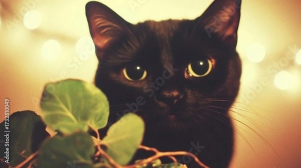 Fototapeta A black cat is staring at the camera with its eyes wide open. The cat is looking at the camera with a curious and alert expression