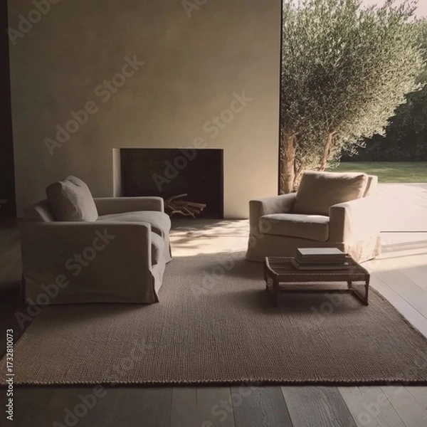 Fototapeta A living room with a fireplace and two white chairs. There is a rug on the floor and a bookcase with books on it