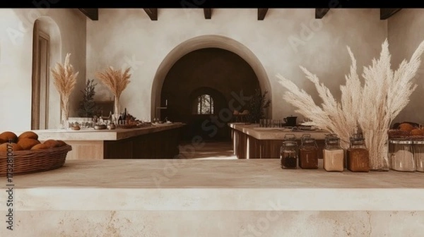 Fototapeta A rustic kitchen with a large archway and a counter with a basket of fruit and a bowl of oranges