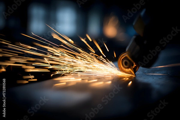 Fototapeta Dynamic sparks fly as grinder cuts metal in professional industrial workshop setting