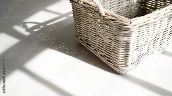 Fototapeta A basket is sitting on a white floor. The basket is white and has a wicker weave. The basket is in the sun, casting a shadow on the floor