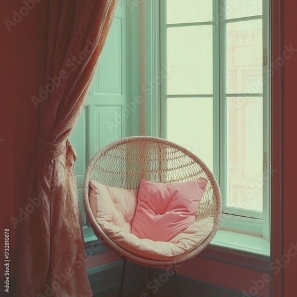 Fototapeta A pink chair with a white pillow sits in front of a window. The chair is in a corner of a room with a green wall. The window is open, letting in natural light. The chair and pillow create a cozy