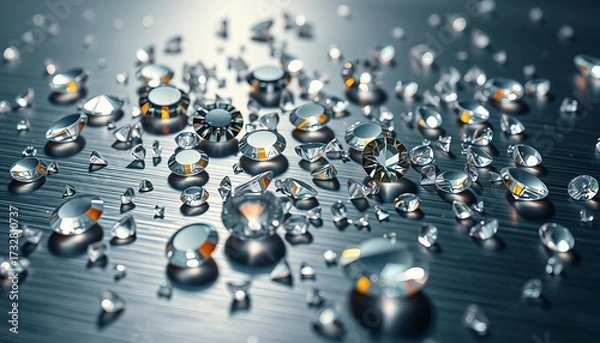 Obraz Gleaming diamonds scattered on brushed metallic surface,  luxury,  silver