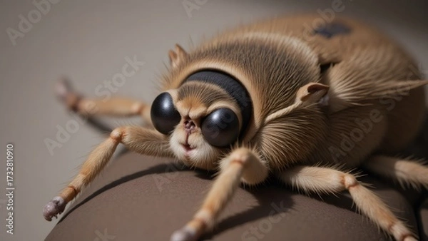 Fototapeta Fuzzy Bug with Big Eyes Sitting on Surface, Macro Shot, Brown Tone