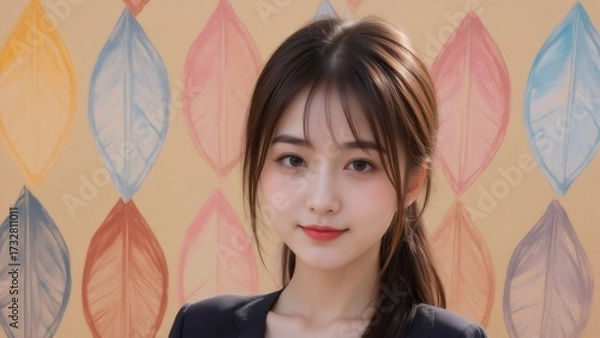 Fototapeta Beautiful Asian woman smiling softly, posing against a patterned backdrop