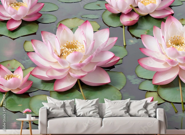 Fototapeta Modern interior with large lotus flower wallpaper and minimalist sofa