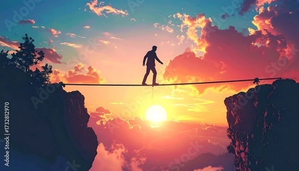 Fototapeta A lone figure, silhouetted against a vibrant sunset, balances on a tightrope stretched across a vast chasm