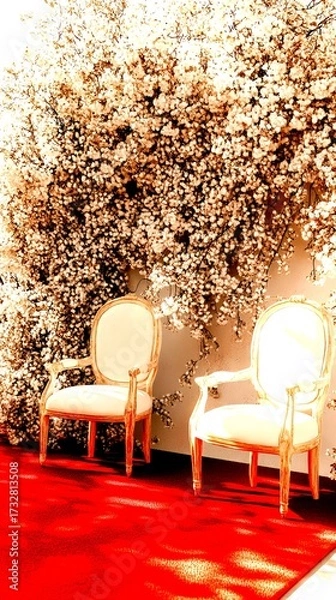 Fototapeta Elegant chairs in front of a blooming floral backdrop on a red carpet at a celebration venue - High Contrast