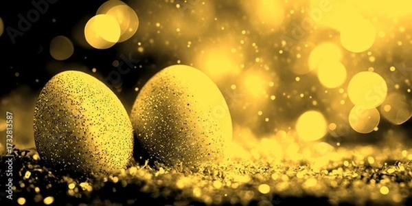 Fototapeta sparkling Easter eggs are placed on shiny textured surface with blurred lights in background