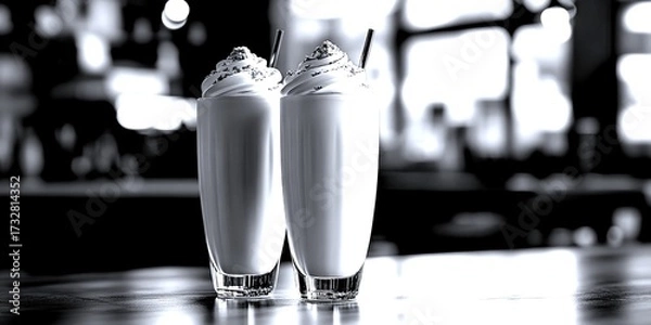 Fototapeta Creamy milkshakes served in tall glasses topped with whipped cream and crumbs in a cozy cafe setting