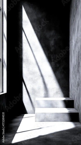 Fototapeta interior with sharp shadows cast by sunlight highlighting steps in a minimalist space