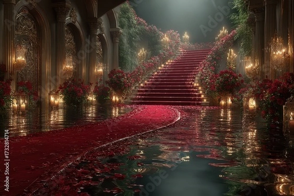 Fototapeta Elegant staircase adorned with roses and candles creates a romantic atmosphere in a lavish hall