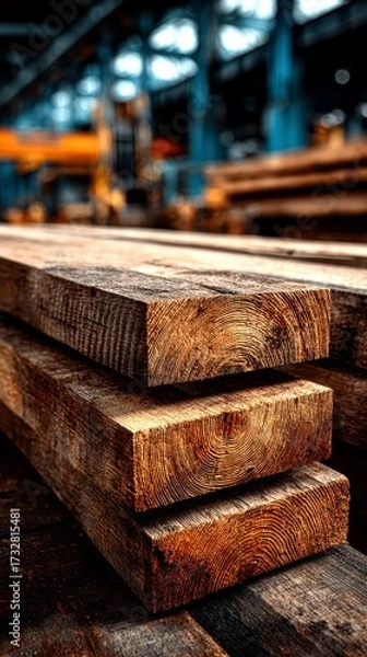 Fototapeta Stacked wooden planks in a workshop showcasing craftsmanship and raw materials during daytime