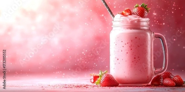 Fototapeta Creamy strawberry milkshake in a glass jar with fresh strawberries on a background
