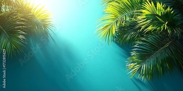 Fototapeta Lush tropical palm leaves against a backdrop in a sunny environment