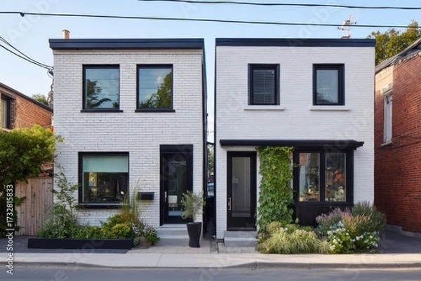 Fototapeta Modern white brick houses side by side with green plants and flowers on display in a residential area, showcasing minimalist design in a suburban setting