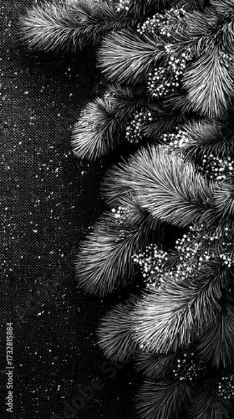 Fototapeta Festive pine branches adorned with berries resting on a shimmering background during the holiday season