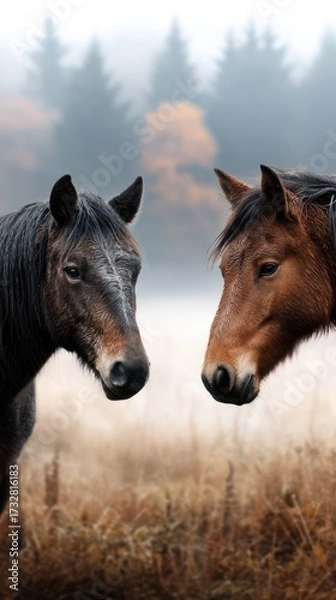 Obraz Close encounter between two horses in a misty field during early morning light