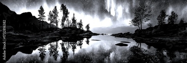 Fototapeta northern lights illuminate a tranquil lake with silhouettes of trees at dusk in a serene landscape